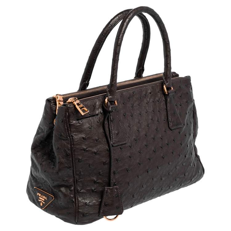 Pre Owned Prada Dark Brown Ostrich Small Galleria Tote