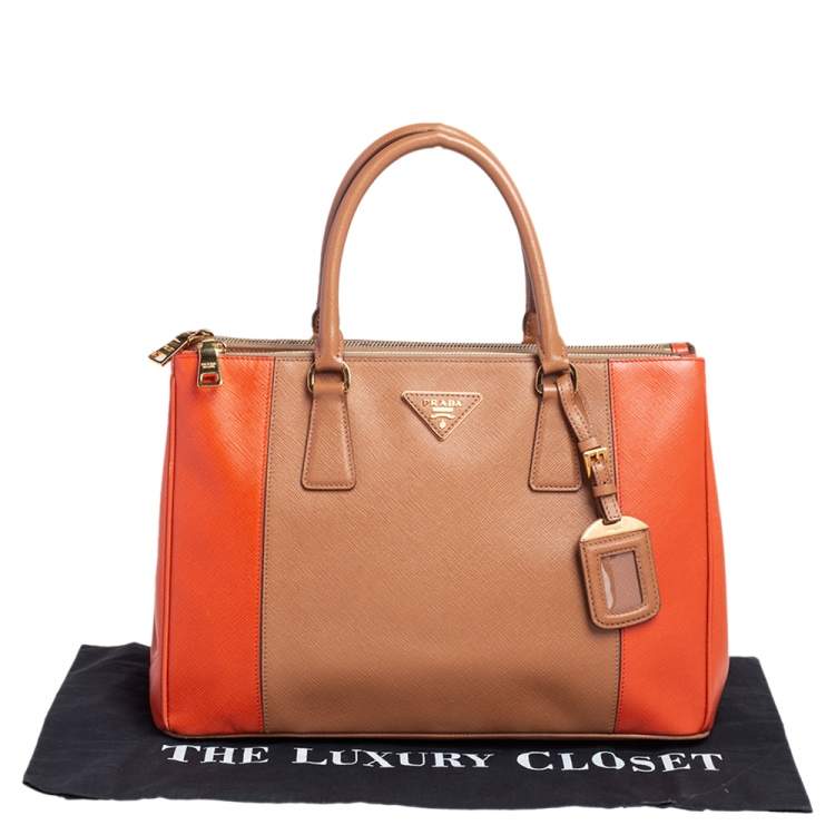 Pre Owned Prada Orange/Beige Saffiano Lux Leather Medium Galleria Tote