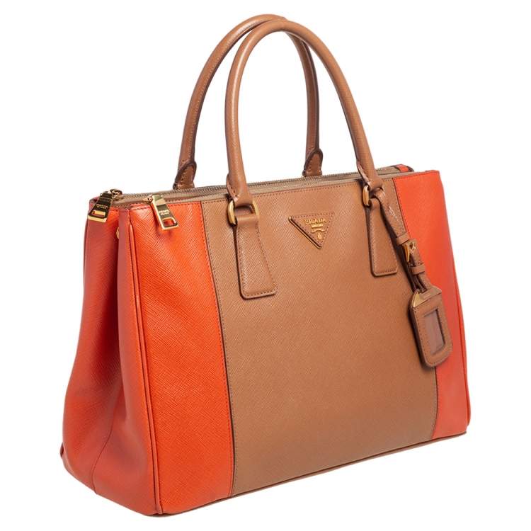 Pre Owned Prada Orange/Beige Saffiano Lux Leather Medium Galleria Tote