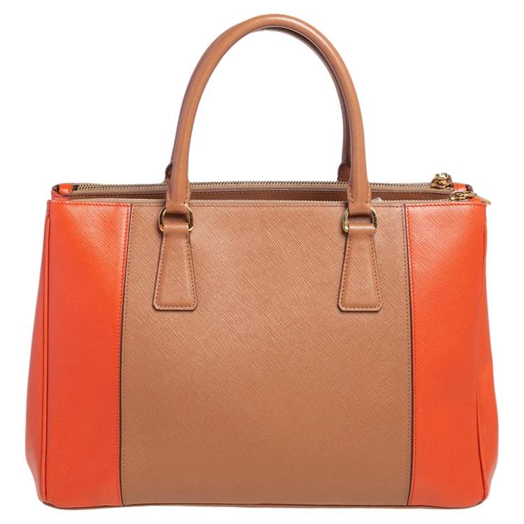 Pre Owned Prada Orange/Beige Saffiano Lux Leather Medium Galleria Tote