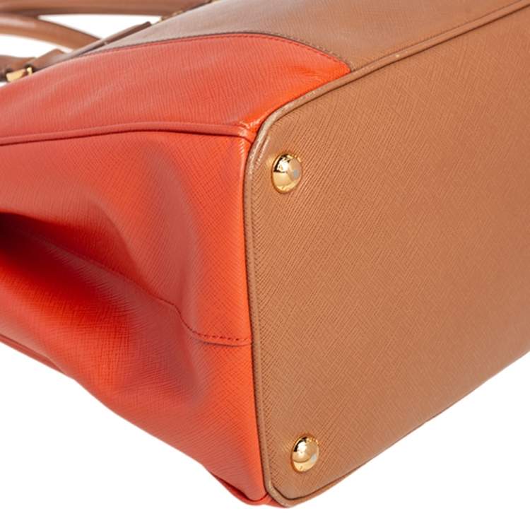 Pre Owned Prada Orange/Beige Saffiano Lux Leather Medium Galleria Tote