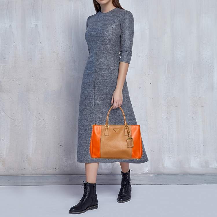 Pre Owned Prada Orange/Beige Saffiano Lux Leather Medium Galleria Tote