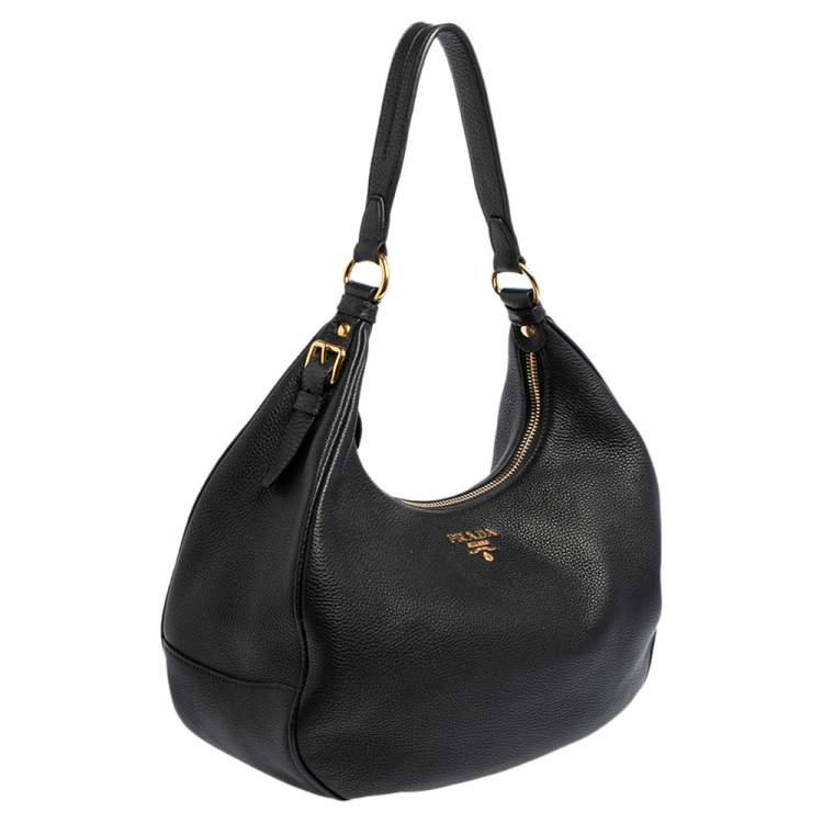 Pre Owned Prada Black Vitello Daino Leather Zip Top Hobo