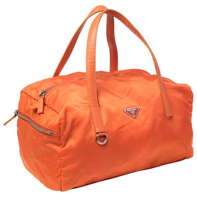 Pre Owned Prada Orange Nylon Boston Bag