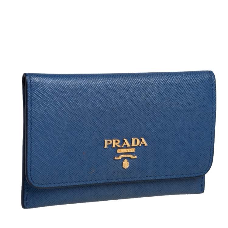 Pre Owned Prada Blue Saffiano Leather Flap Card Holder 