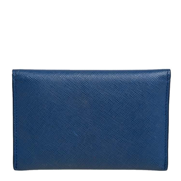 Pre Owned Prada Blue Saffiano Leather Flap Card Holder 
