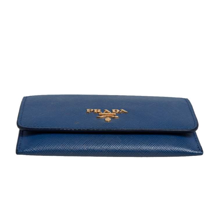 Pre Owned Prada Blue Saffiano Leather Flap Card Holder 