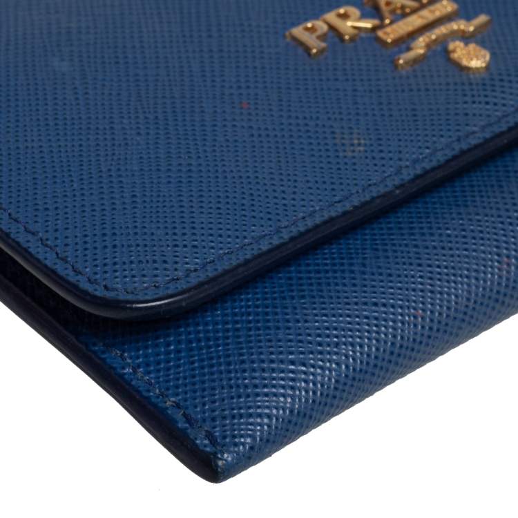 Pre Owned Prada Blue Saffiano Leather Flap Card Holder 