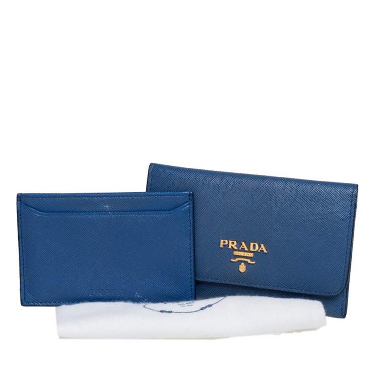Pre Owned Prada Blue Saffiano Leather Flap Card Holder 