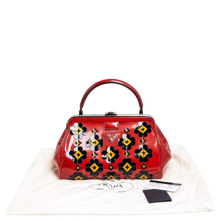 Pre Owned Prada Burnt Orange Patent Leather Floral Applique Frame Doctor Top Handle Bag