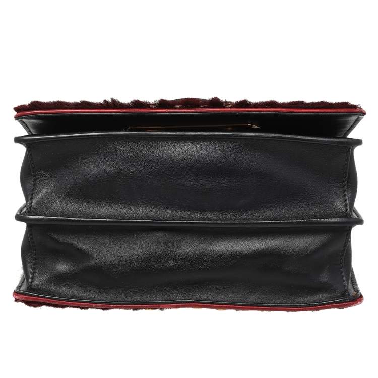 Pre Owned Prada Burgundy/Black Calf Hair And Leather Studded Cahier Top Handle Bag