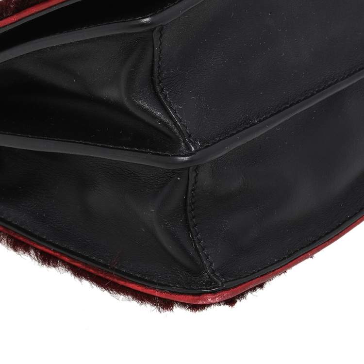 Pre Owned Prada Burgundy/Black Calf Hair And Leather Studded Cahier Top Handle Bag