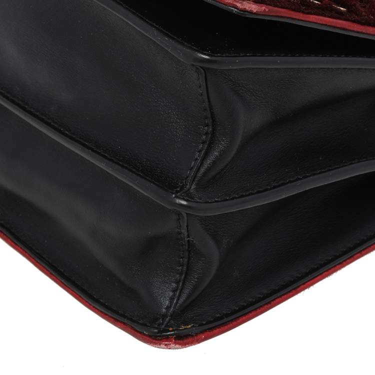 Pre Owned Prada Burgundy/Black Calf Hair And Leather Studded Cahier Top Handle Bag