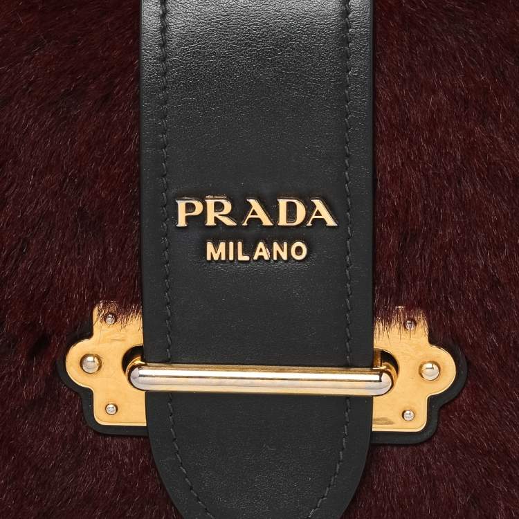 Pre Owned Prada Burgundy/Black Calf Hair And Leather Studded Cahier Top Handle Bag