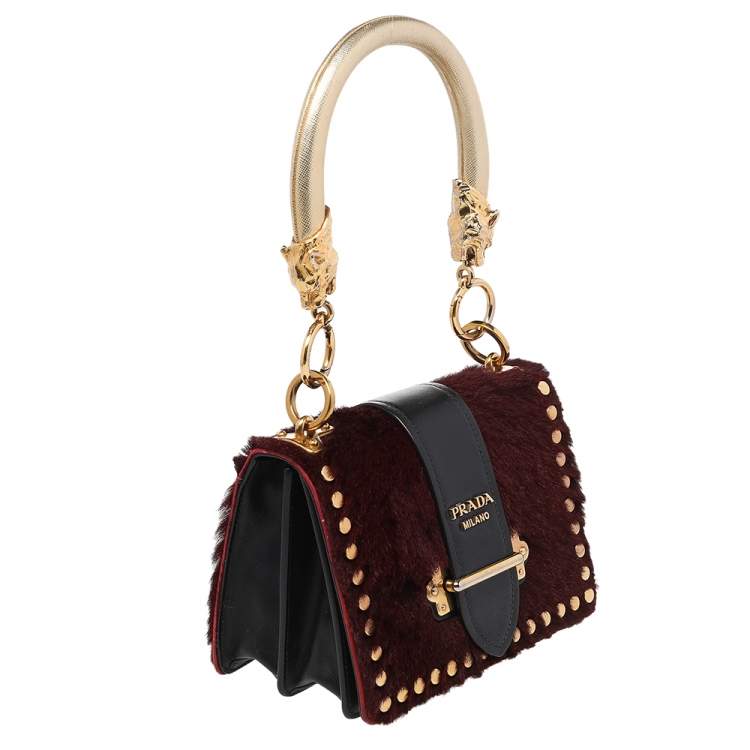 Pre Owned Prada Burgundy/Black Calf Hair And Leather Studded Cahier Top Handle Bag