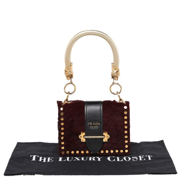 Pre Owned Prada Burgundy/Black Calf Hair And Leather Studded Cahier Top Handle Bag