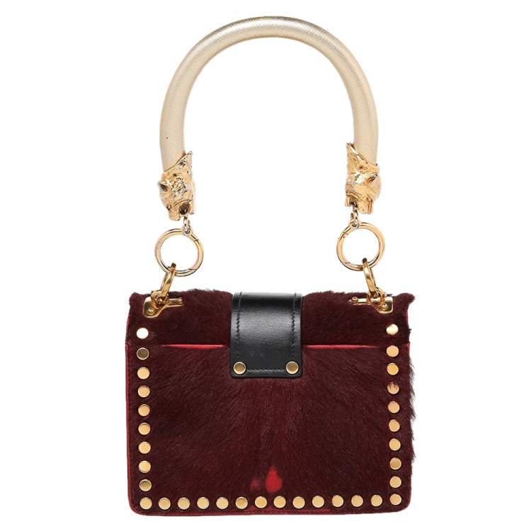 Pre Owned Prada Burgundy/Black Calf Hair And Leather Studded Cahier Top Handle Bag