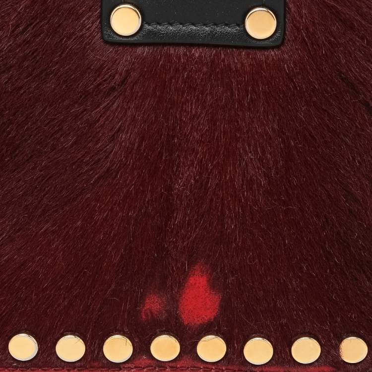 Pre Owned Prada Burgundy/Black Calf Hair And Leather Studded Cahier Top Handle Bag