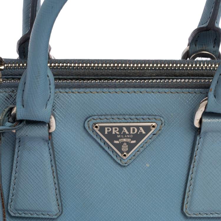 Pre Owned Prada Light Blue Saffiano Leather Mini Galleria Double Zip Tote