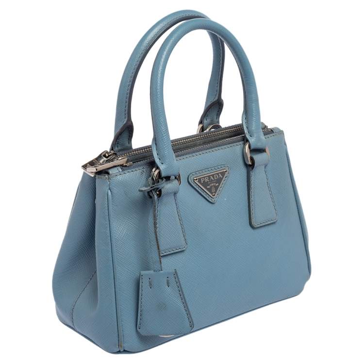 Pre Owned Prada Light Blue Saffiano Leather Mini Galleria Double Zip Tote