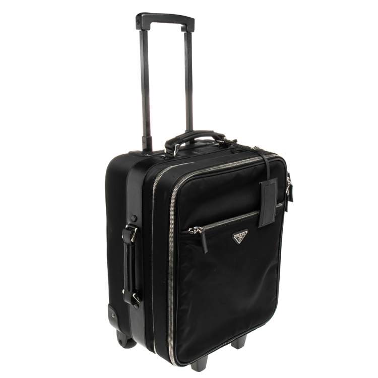 Pre Owned Prada Black Nylon and Saffiano Lux Leather Trolley Rolling Luggage