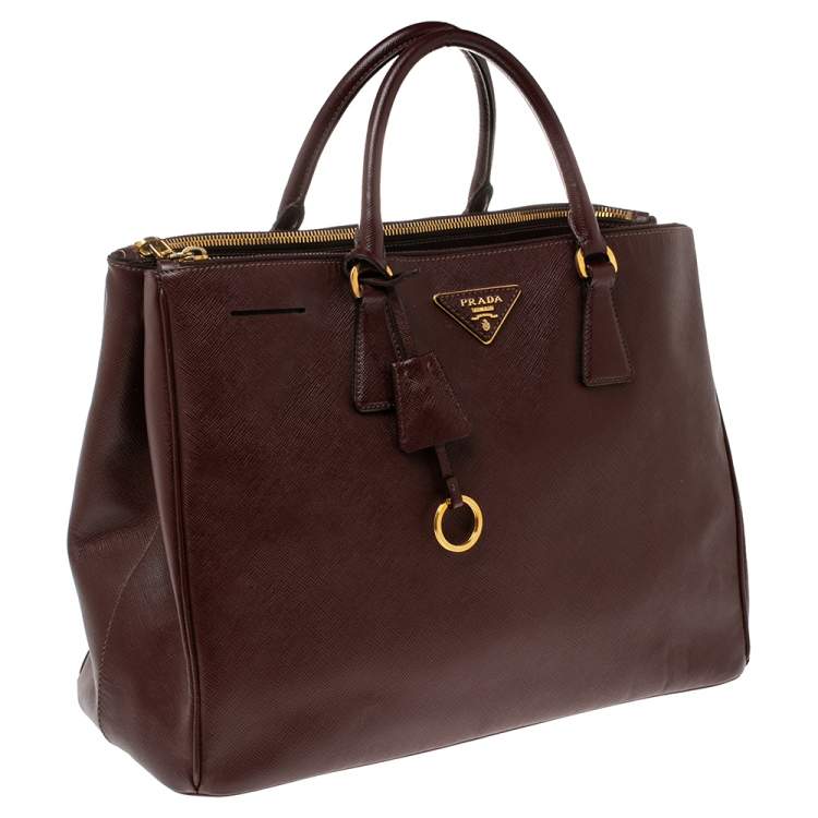 Pre Owned Prada Maroon Saffiano Lux Leather Large Double Zip Tote