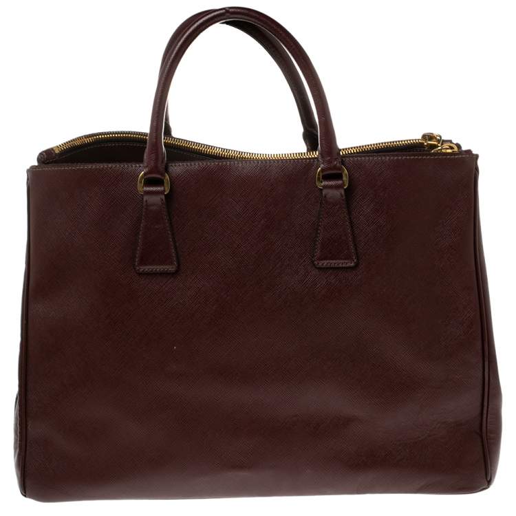 Pre Owned Prada Maroon Saffiano Lux Leather Large Double Zip Tote