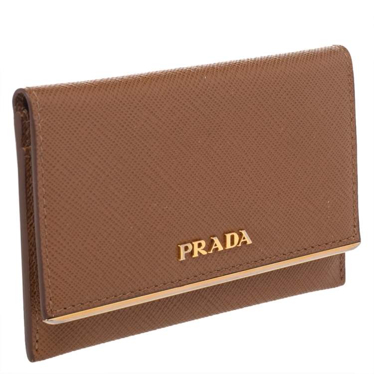 Pre Owned Prada Brown Saffiano Lux Leather Flap Card Holder