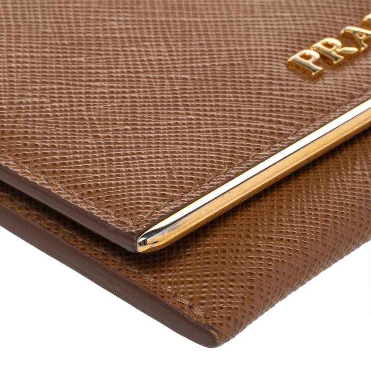 Pre Owned Prada Brown Saffiano Lux Leather Flap Card Holder