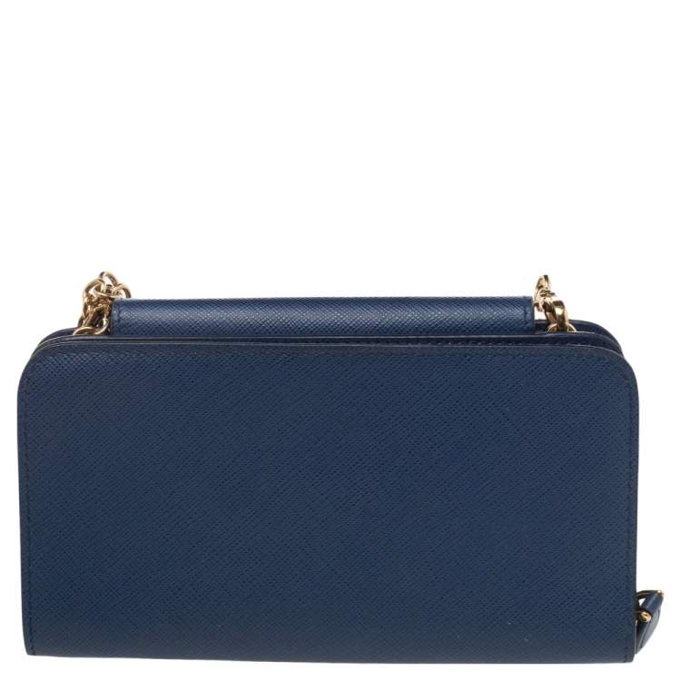 Pre Owned Prada Blue Saffiano Leather Metal Oral Phone Wallet On Chain
