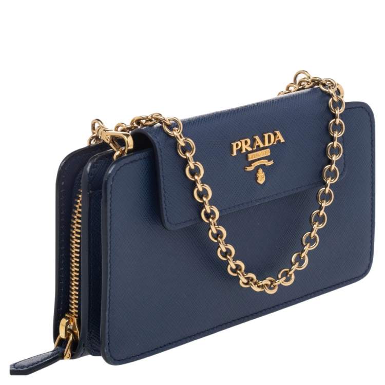 Pre Owned Prada Blue Saffiano Leather Metal Oral Phone Wallet On Chain