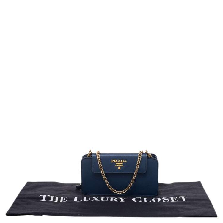 Pre Owned Prada Blue Saffiano Leather Metal Oral Phone Wallet On Chain