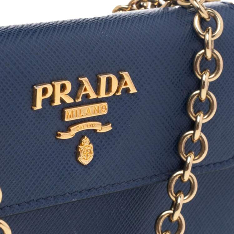 Pre Owned Prada Blue Saffiano Leather Metal Oral Phone Wallet On Chain