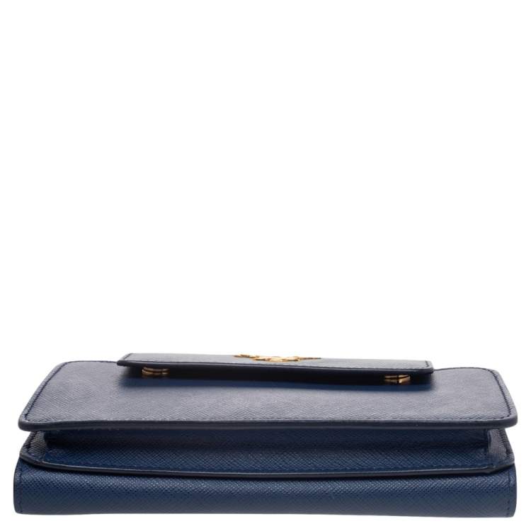 Pre Owned Prada Blue Saffiano Leather Metal Oral Phone Wallet On Chain