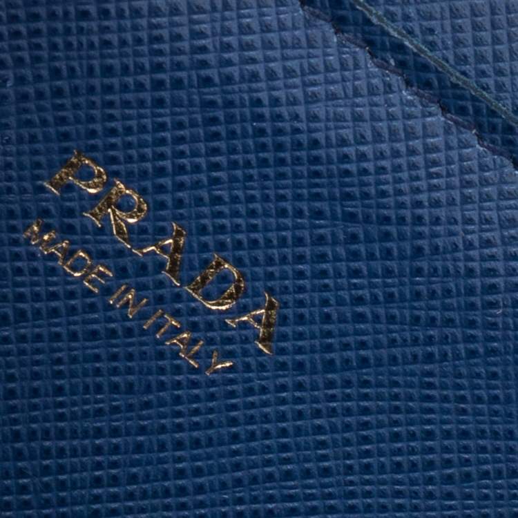 Pre Owned Prada Blue Saffiano Leather Metal Oral Phone Wallet On Chain