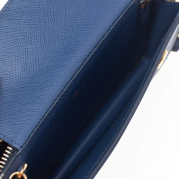 Pre Owned Prada Blue Saffiano Leather Metal Oral Phone Wallet On Chain