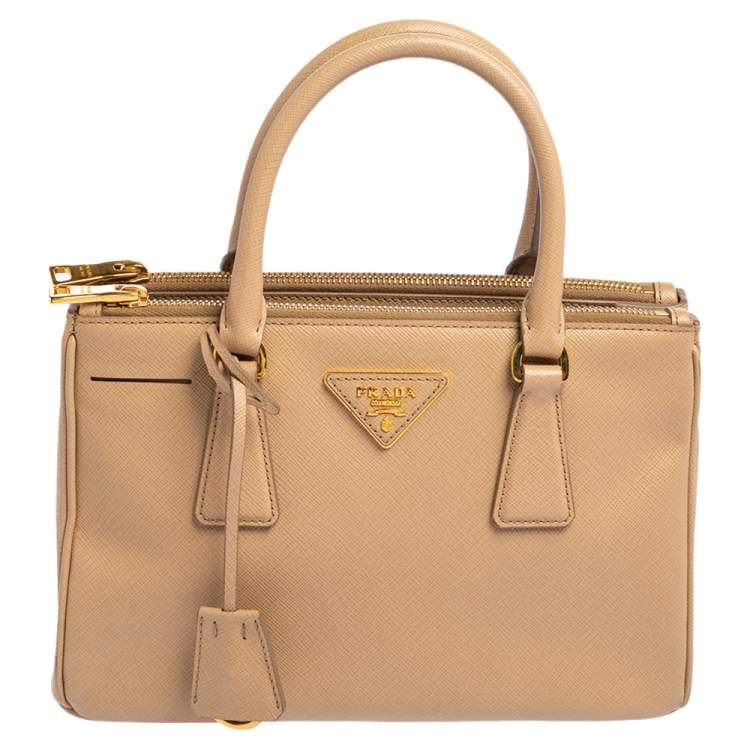 Pre Owned Prada Beige Saffiano Lux Leather Mini Galleria Double Zip Tote