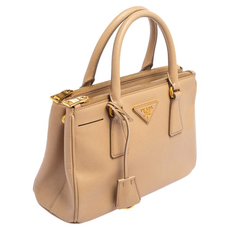 Pre Owned Prada Beige Saffiano Lux Leather Mini Galleria Double Zip Tote