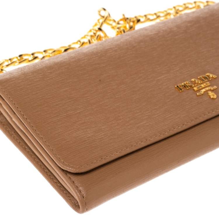 Pre Owned Prada Caramel Vitello Move Leather Leather Wallet On Chain