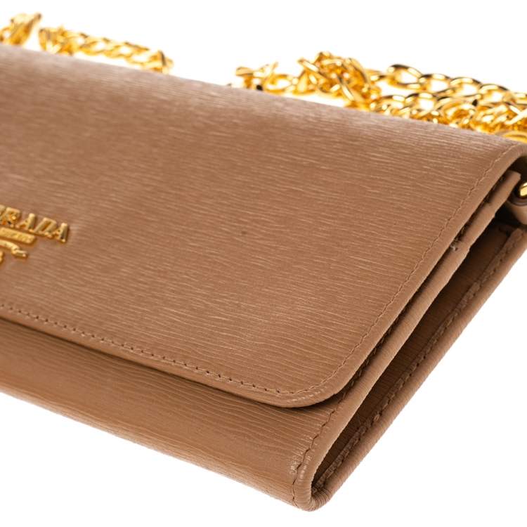 Pre Owned Prada Caramel Vitello Move Leather Leather Wallet On Chain