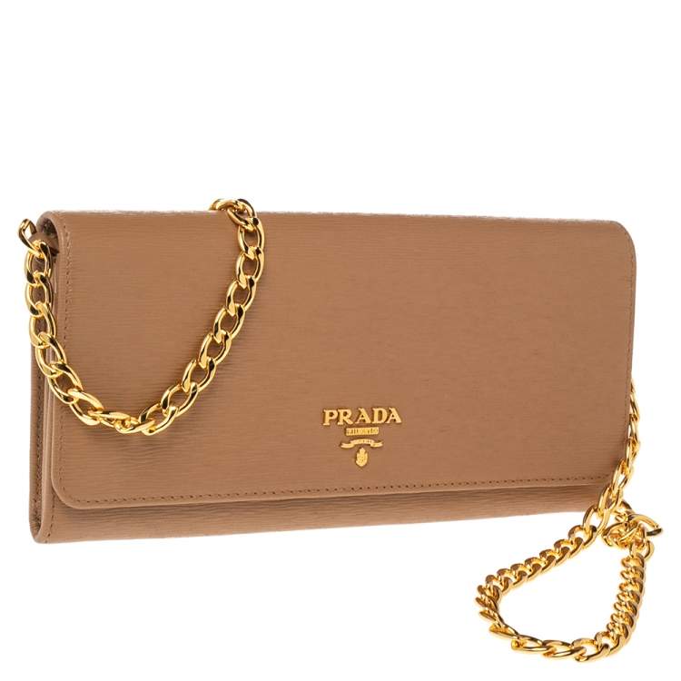 Pre Owned Prada Caramel Vitello Move Leather Leather Wallet On Chain