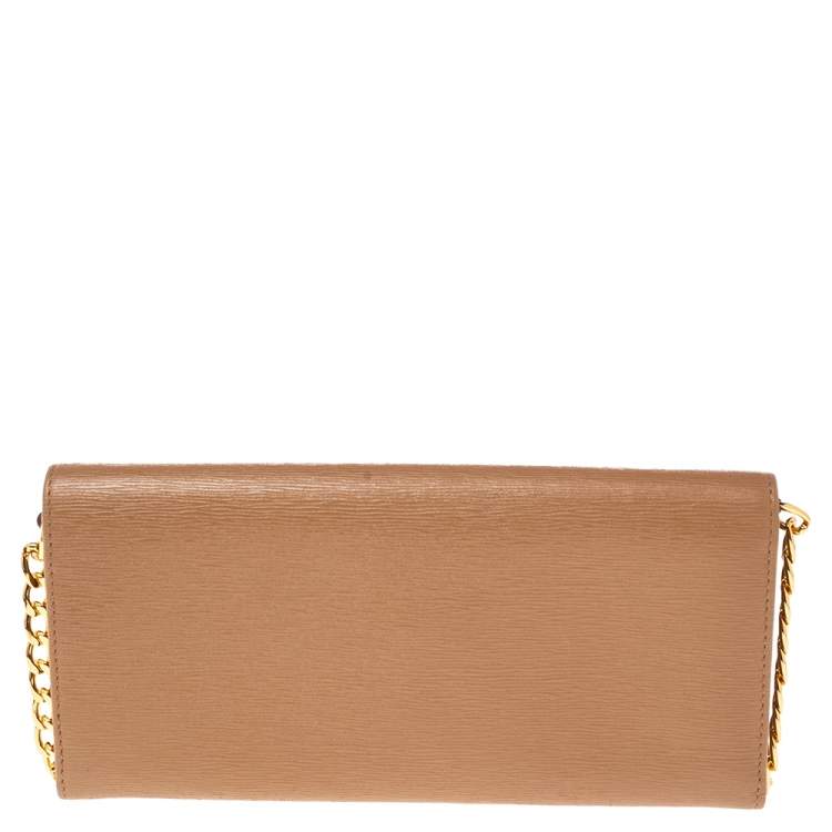 Pre Owned Prada Caramel Vitello Move Leather Leather Wallet On Chain