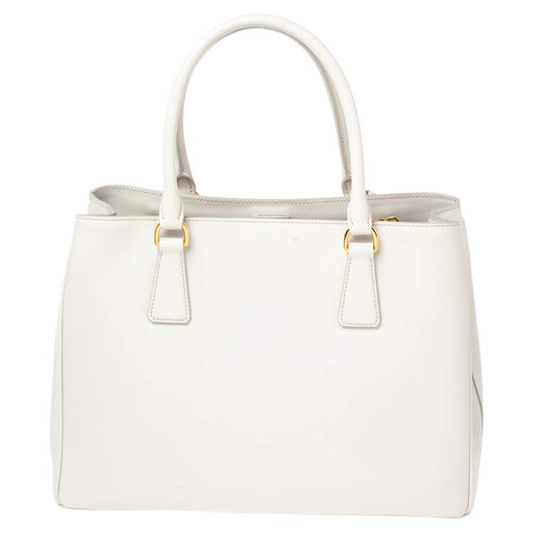 Pre Owned Prada White Saffiano Lux Leather Medium Open Tote