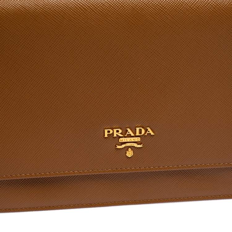 Pre Owned Prada Brown Saffiano Leather Wallet On Chain