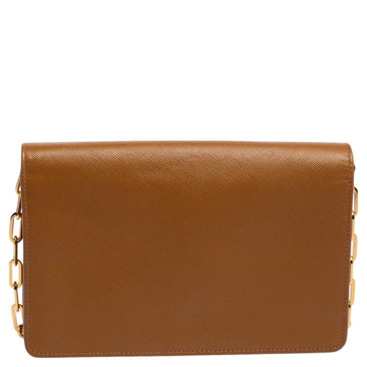 Pre Owned Prada Brown Saffiano Leather Wallet On Chain
