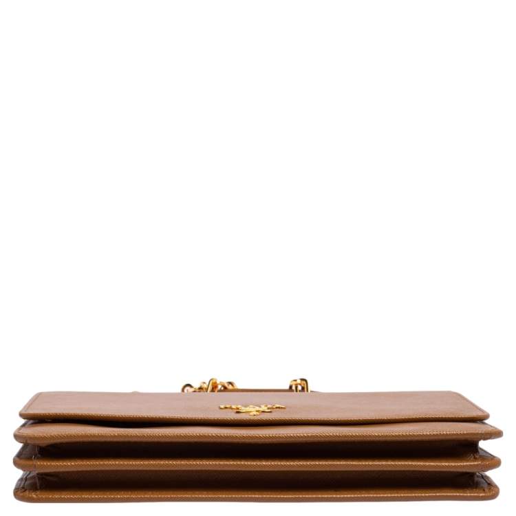 Pre Owned Prada Brown Saffiano Leather Wallet On Chain