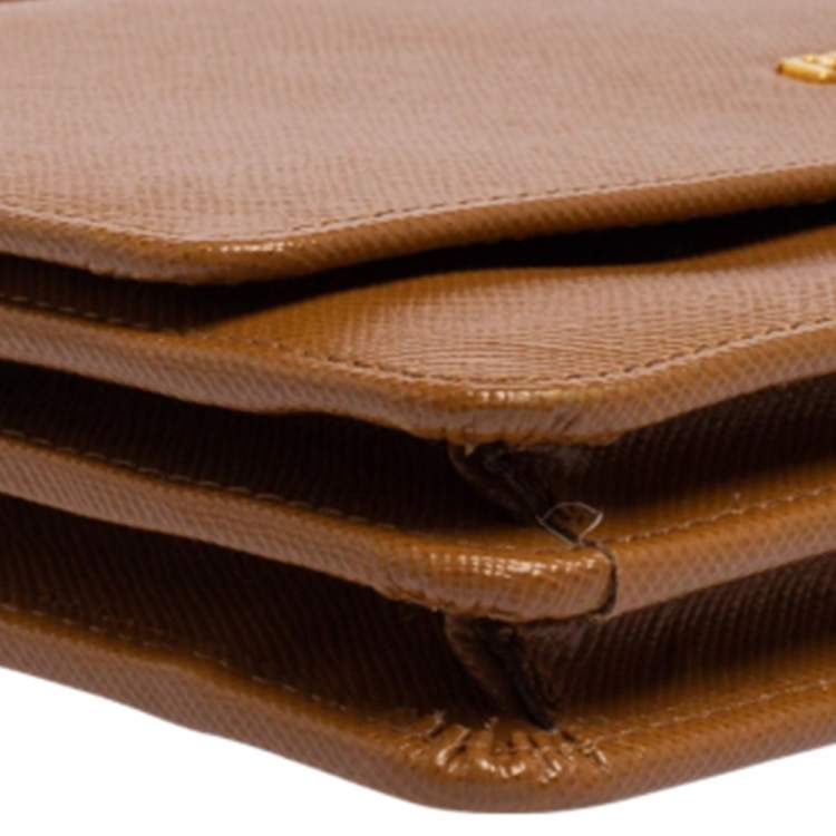 Pre Owned Prada Brown Saffiano Leather Wallet On Chain