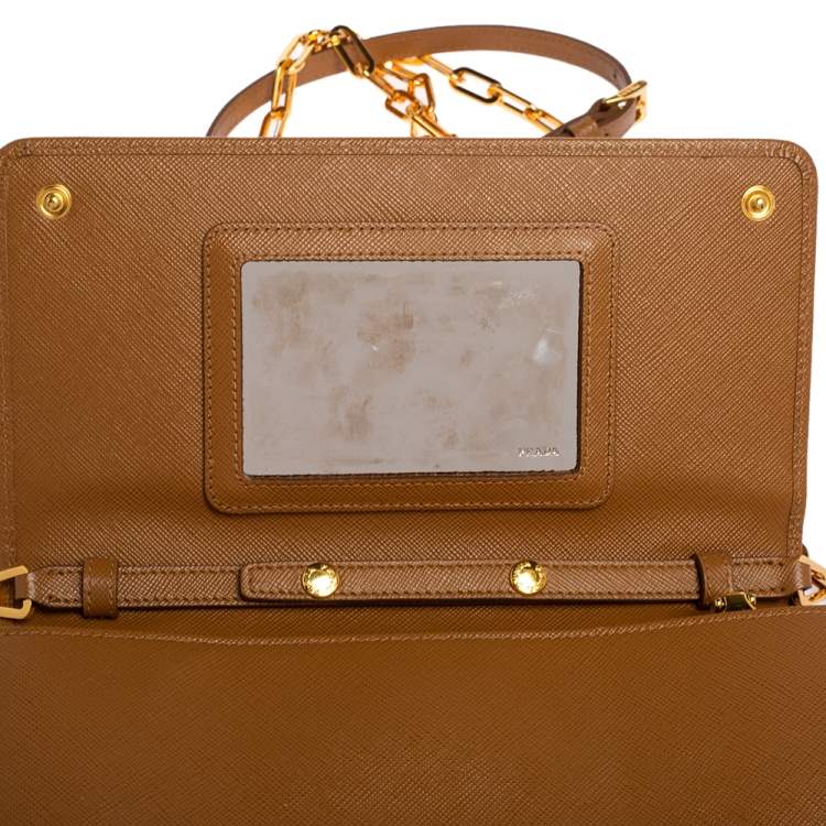 Pre Owned Prada Brown Saffiano Leather Wallet On Chain
