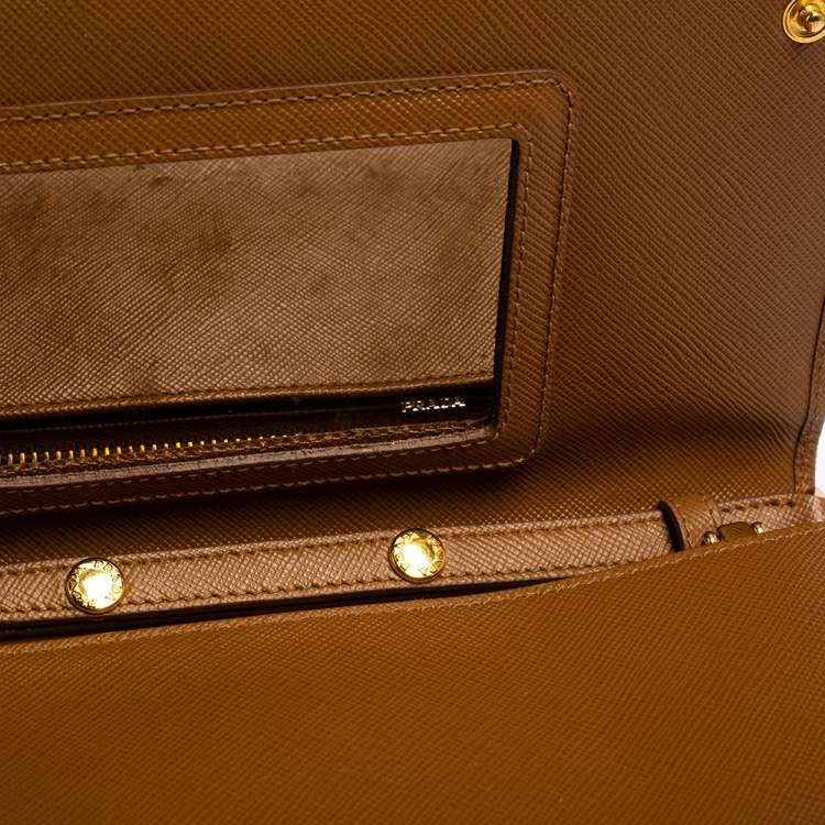 Pre Owned Prada Brown Saffiano Leather Wallet On Chain
