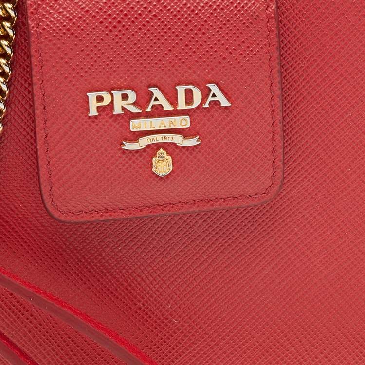 Pre Owned Prada Red Saffiano Leather Wallet on Chain